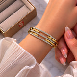 Multi-Row Geometric Gold Cuff Bracelet with Paved Crystals ⭐ for Women – Elegant Designer-Inspired Wristwear