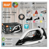 Packaging of RAF Electric Iron R1315 highlighting its features such as 1000W power, water spray, vertical steaming, and temperature control. The iron is predominantly white with black accents, and the packaging includes images showing the iron in use and its design.