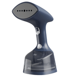 A handheld garment steamer by Westpoint Professional, predominantly in blue color with white and black accents, placed on a stand with a water tank visible below.