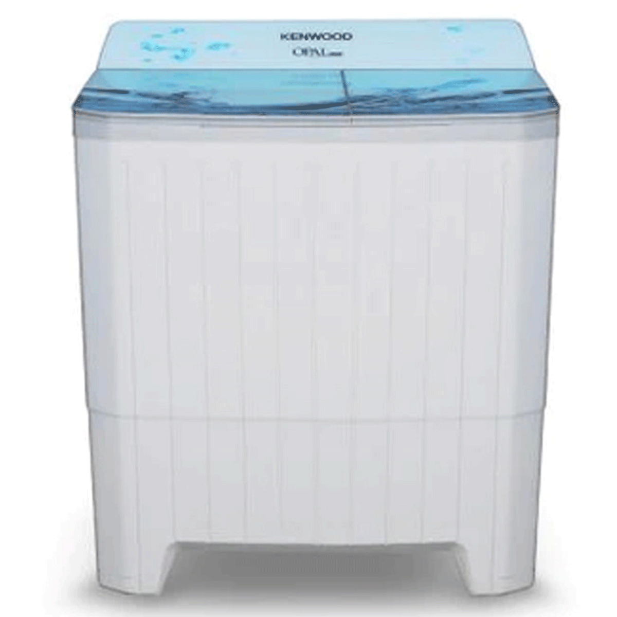 Kenwood semi-automatic washing machine with top glass and white body, featuring blue accents and brand logo on the top.