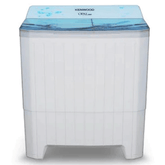Kenwood semi-automatic washing machine with top glass and white body, featuring blue accents and brand logo on the top.