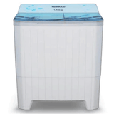 Kenwood semi-automatic washing machine with top glass and white body, featuring blue accents and brand logo on the top.