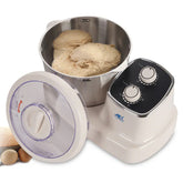 Anex AG-2127 Dough Maker with a stainless steel mixing bowl, a white plastic body, and a clear lid, shown with dough inside the bowl.