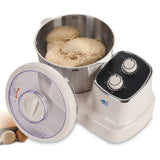 Anex AG-2127 Dough Maker with a stainless steel mixing bowl, a white plastic body, and a clear lid, shown with dough inside the bowl.