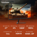 VIEWSONIC OMNI GAMIING LED 27" VX2779-HD-PRO (1ms MPRT, 180Hz, IPS Panel, FHD (1920 x 1080), Free Sync, HDR 10, sRGB, VRR, Eco mode, (Adjustments: Tilt) (Display port, 2 x HDMI) & Vesa Mount).