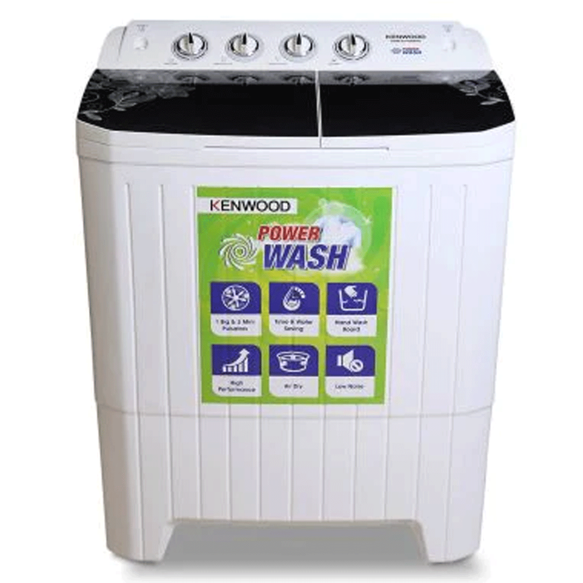 Kenwood KWM-231159 SAG Semi-Automatic Power Wash Washing Machine, white color with a green and black label, front view.