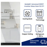 Kenwood Inverter Glass Door Freezer-on-top Refrigerator with a capacity of 18 cubic feet, model KRF-26657, featuring cooling bank, inverter technology, copper coiling, and refrigerant R: 600 a.