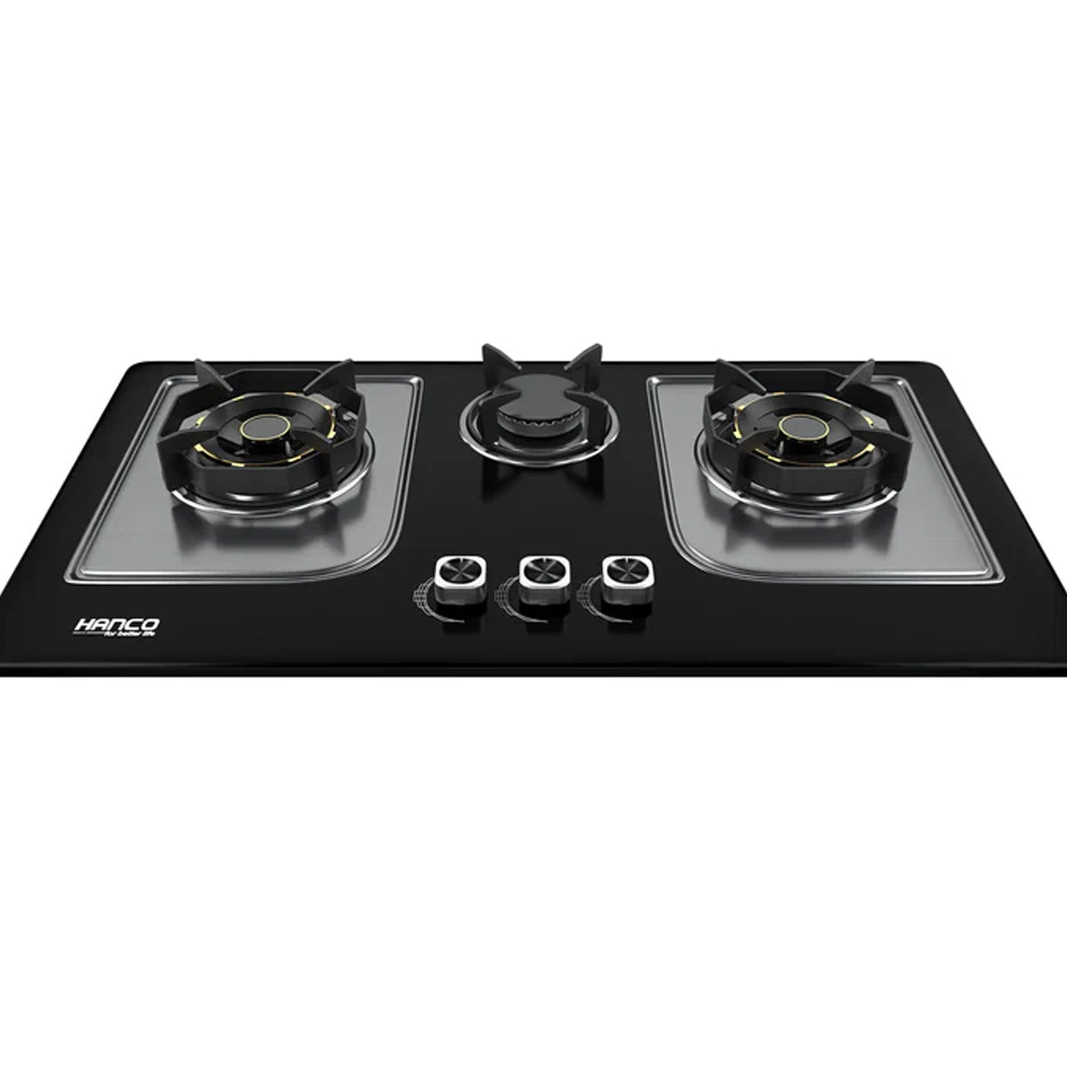 Black gas stove with three burners on a white background