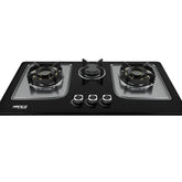 Black gas stove with three burners on a white background