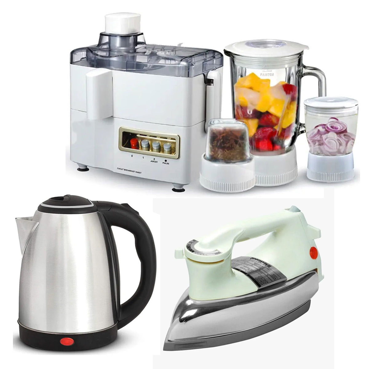 National 4 in 1 Juicer Blender Grinder With Drymill + Premium - Electric Kettle 2.0 Liter + Imported Deluxe Automatic Iron