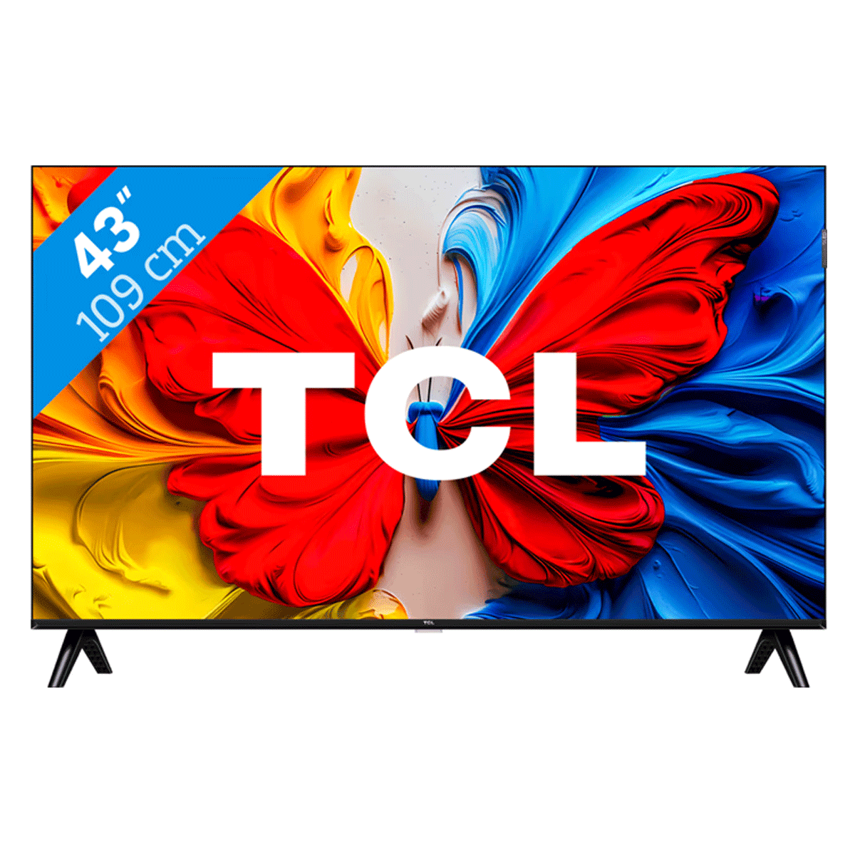 TCL television with colorful display and stand on a white background