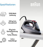 Braun TexStyle 9 Steam Iron SI 9281BK - Iron with Freeglide 3D Soleplate, Vertical Steam, 3100 Watt, Black