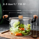 3.5L Clear Glass Pot for Cooking on Stove, Big Glass Cooking Pot with Wooden Handle, Large Glass Simmer Pot for Stove Potpourri, Glass Frying Pot with Clear Lid for Boiling Pot