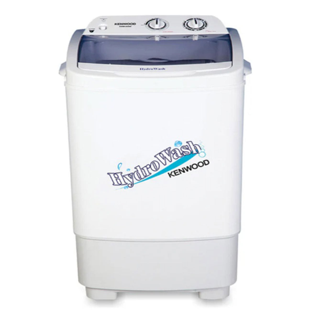 A white Kenwood single tub washing machine with a clear top lid and the Kenwood logo visible on the front.