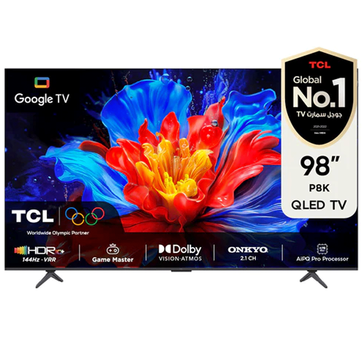 TCL 98-inch QLED TV with colorful display and brand logos on a white background