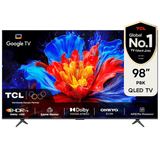 TCL 98-inch QLED TV with colorful display and brand logos on a white background