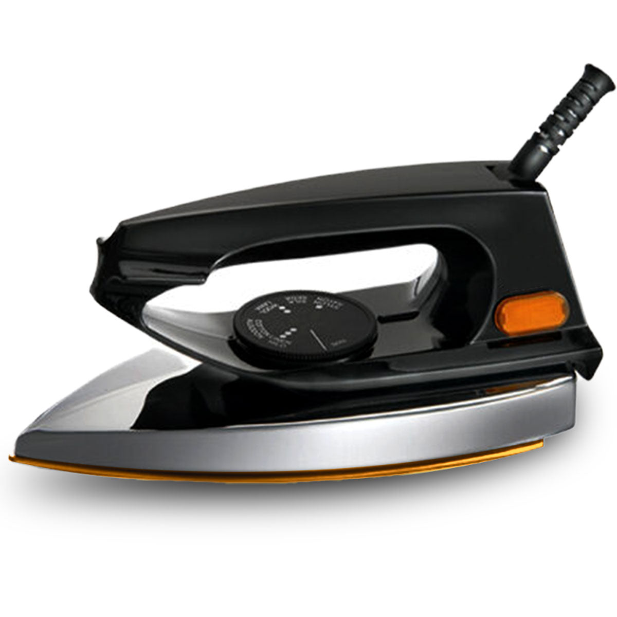 A lightweight, black National Premium dry iron with a thermostatic pilot lamp and a deluxe metal cover.