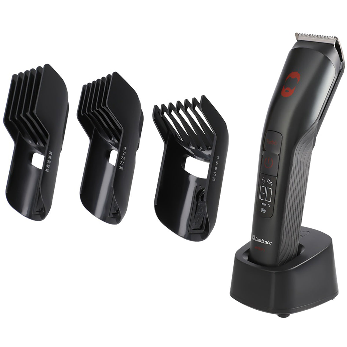 Dawlance DWMGK 9030 Grooming Kit featuring a black electric grooming trimmer on a charging base, shown with six interchangeable grooming heads on a bright yellow gradient background.