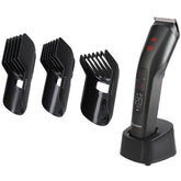 Dawlance DWMGK 9030 Grooming Kit featuring a black electric grooming trimmer on a charging base, shown with six interchangeable grooming heads on a bright yellow gradient background.