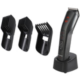 Dawlance DWMGK 9030 Grooming Kit featuring a black electric grooming trimmer on a charging base, shown with six interchangeable grooming heads on a bright yellow gradient background.