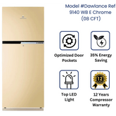 Dawlance refrigerator model 9140 WB E Chrome with features highlighted such as optimized door pockets, 35% energy saving, top LED light, and 12 years compressor warranty.