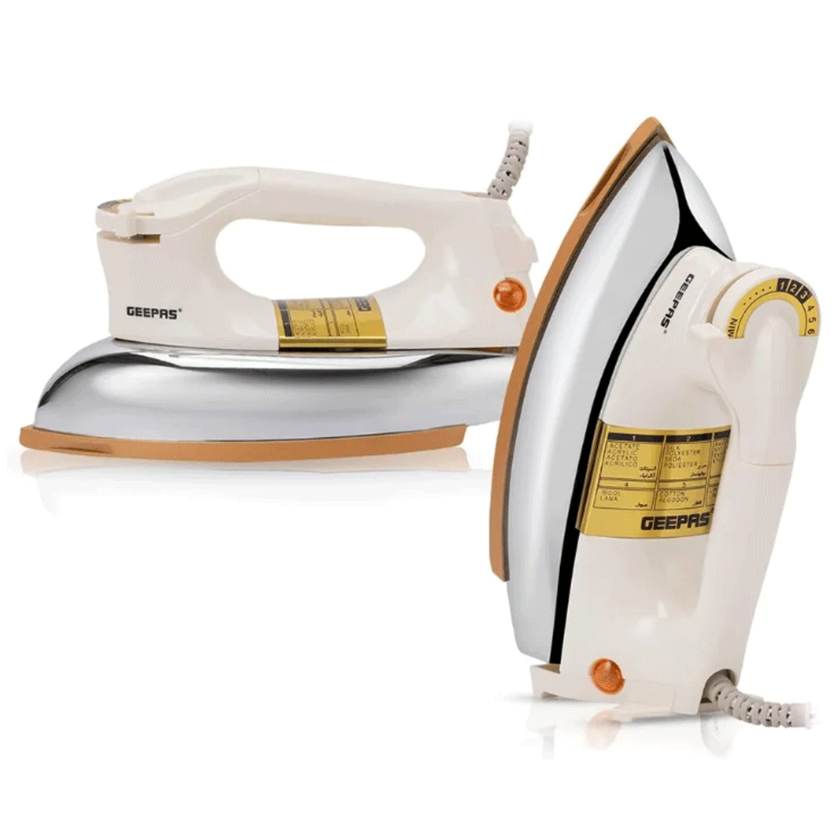 Two GEEPAS ironing devices on a white background