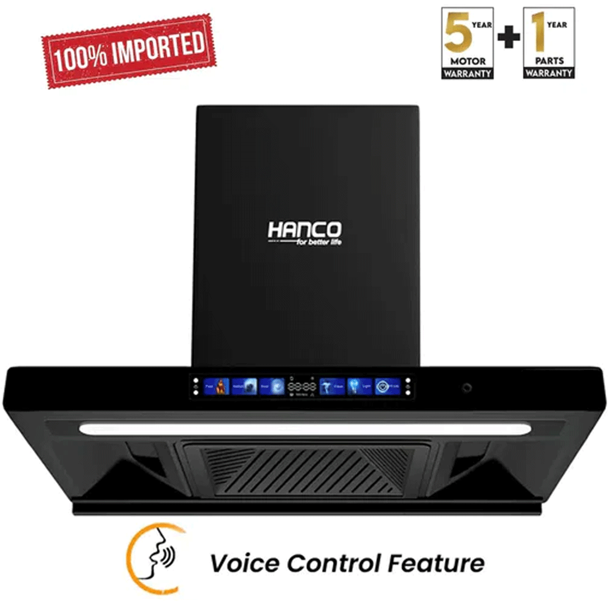 Black Hanco kitchen exhaust hood with warranty information on a white background