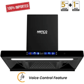 Black Hanco kitchen exhaust hood with warranty information on a white background