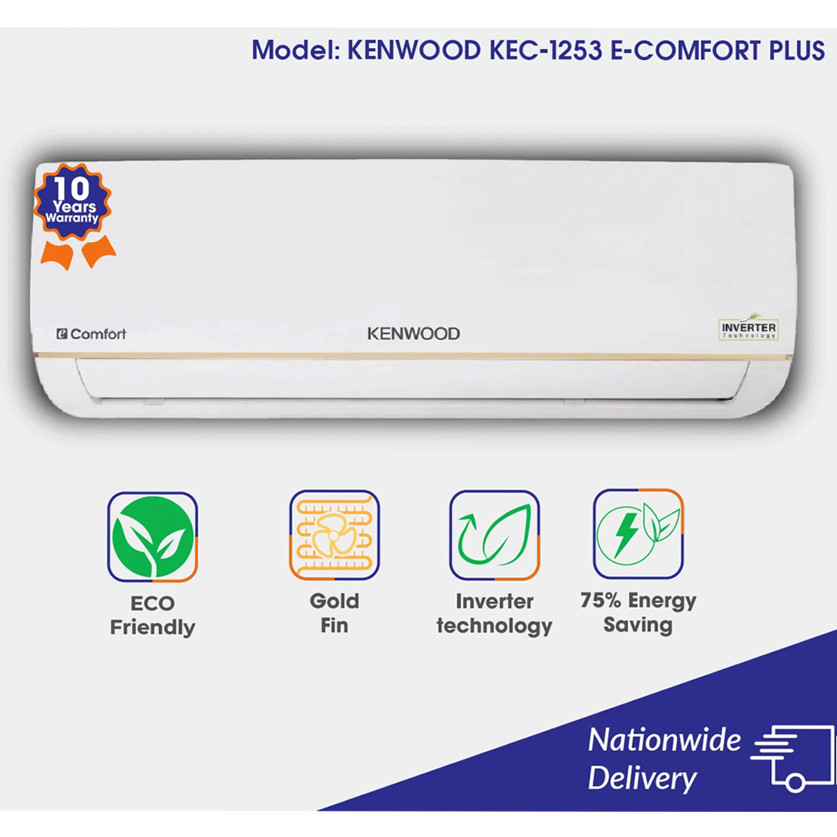 KENWOOD 1 Ton eComfort Plus Inverter KEC-1253S air conditioner, displaying model name, features like Eco-friendly, Energy-saving, and friendliness to the environment.