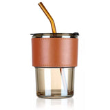 Glass Tumbler with Straw, Lid, Protective leather Sleeve