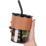 Glass Tumbler with Straw, Lid, Protective leather Sleeve
