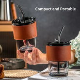 Glass Tumbler with Straw, Lid, Protective leather Sleeve