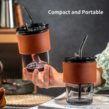 Glass Tumbler with Straw, Lid, Protective leather Sleeve