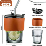 Glass Tumbler with Straw, Lid, Protective leather Sleeve