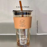 Large Size Bamboo Joint Glass Material Cup with Glass Straw and Leather Grip