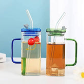 Square Glass Cup With Acrylic Lid and Straw