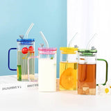 Square Glass Cup With Acrylic Lid and Straw