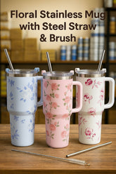 1200 ml 40oz Large Size Stainless Steel Floral Print Tumbler with Steel Straw and Cleaning Brush