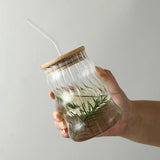 Ribbed Glass Cup with Lid and Straw, Wave Coffee Milk Glasses Transparent Glass Water Cup for Iced Coffee,Milk, Juice