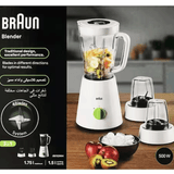 Braun PowerBlend 1 Jug Blender 500W, 1.5 L Capacity, TriAction Technology, 2 Speeds + Ice crush/pulse function. 2 Mill for grinding & chopping, Plastic - JB 0123