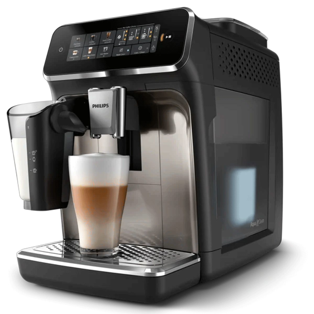 A Philips Series 3300 fully automatic espresso machine with a cup of coffee in front, displayed in a kitchen setting.