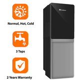 Dawlance water dispenser with features highlighted such as normal, hot, cold settings, three taps, and two years warranty.