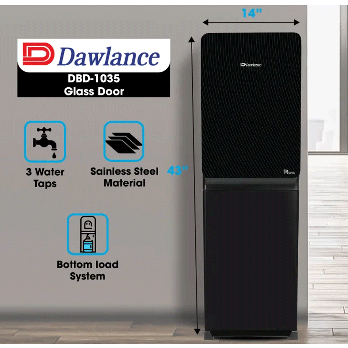 Dawlance DBD-1035 glass door refrigerator with features highlighted on a gray background