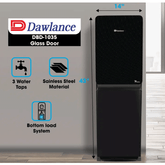 Dawlance DBD-1035 glass door refrigerator with features highlighted on a gray background
