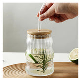 Ribbed Glass Cup with Lid and Straw, Wave Coffee Milk Glasses Transparent Glass Water Cup for Iced Coffee,Milk, Juice