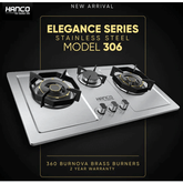 HANCO Hob Model 306 - Elegance Series - Burnova Brass Burners - Auto Ignition Stove - Latest Model