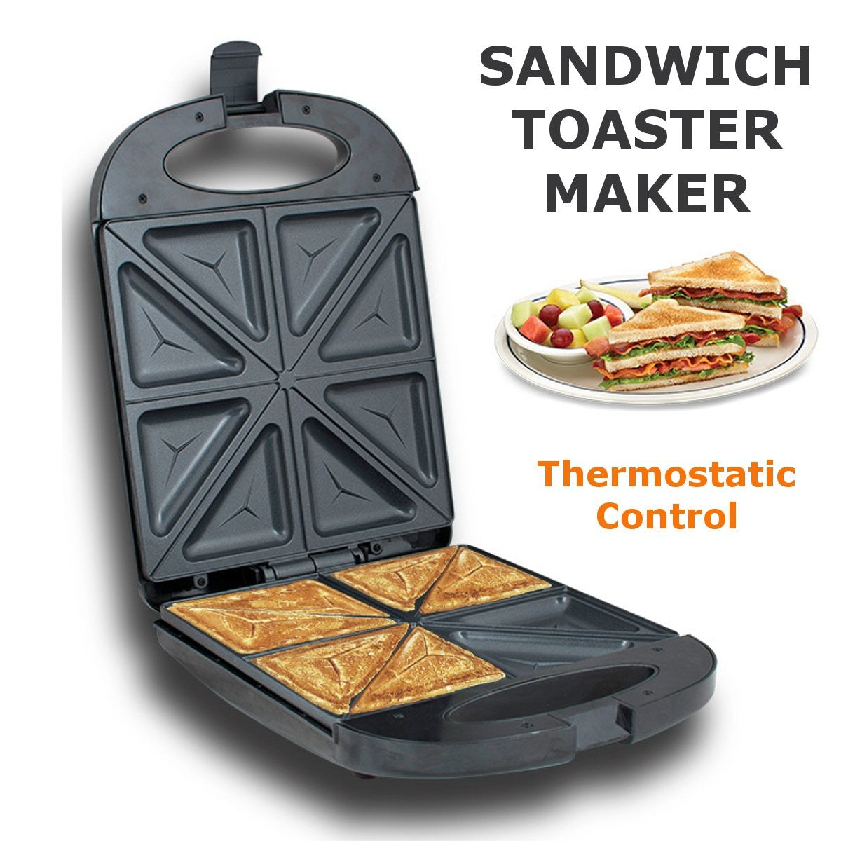 Sandwich toaster maker with a plate of sandwiches and fruit on a white background