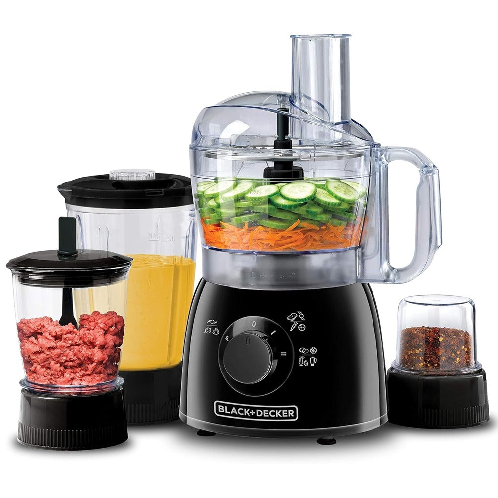 Black+Decker food processor with various attachments on a white background