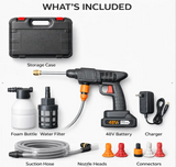 A product what's included layout on a white background showing a cordless pressure washer kit with a black storage case, foam bottle, water filter, 48V battery, charger, suction hose, and multiple nozzle heads labeled with names.