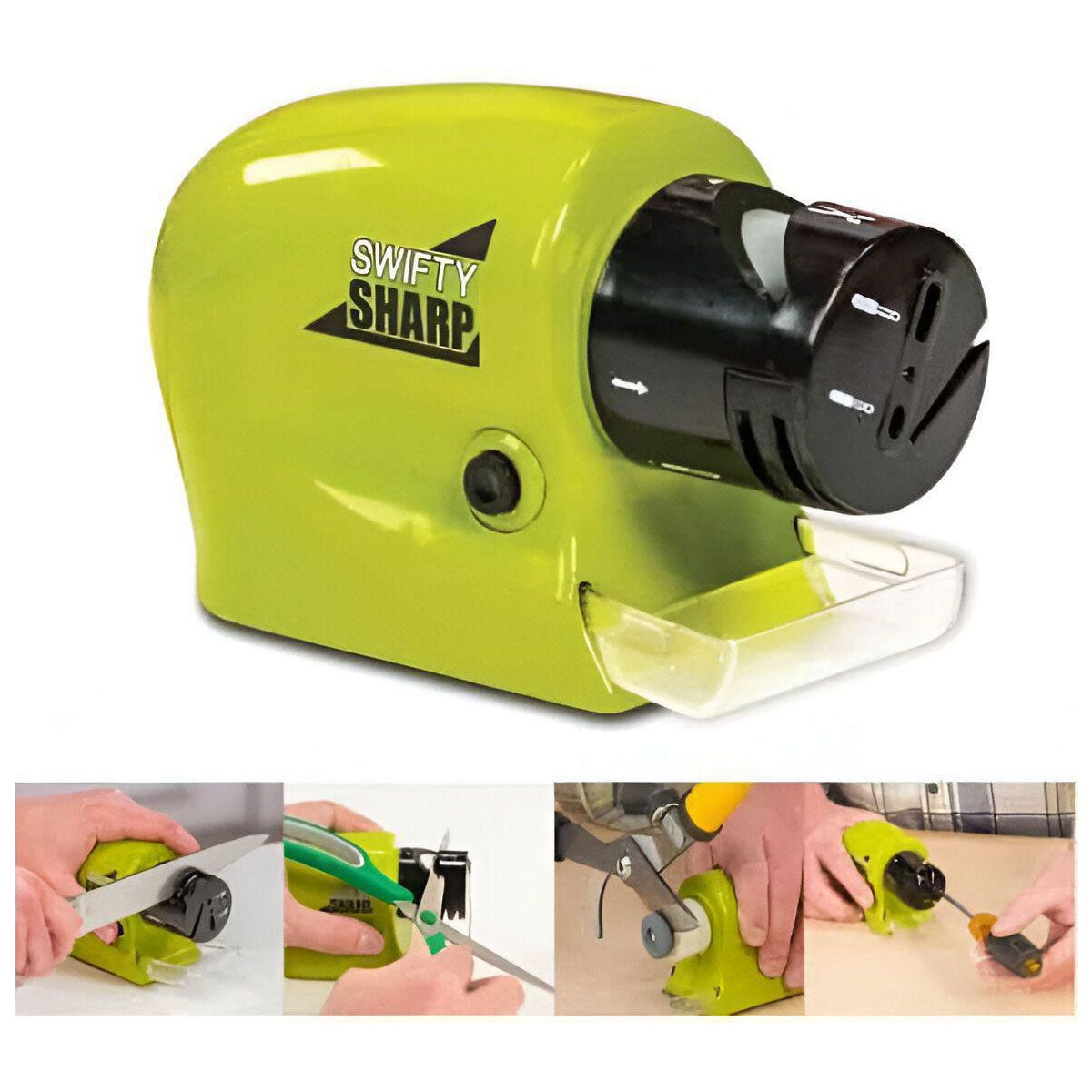 A green 4-in-1 Swifty Knife Sharpener with a black sharpener inside and a clear guard at the front. Images show the device being used to sharpen a knife and a screwdriver.